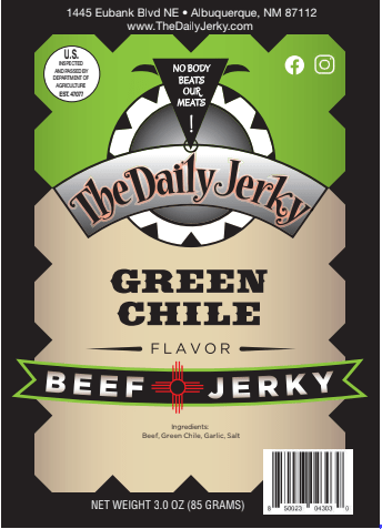 The Daily Jerky green Chile beef jerky package showing ingredients and nutrition facts