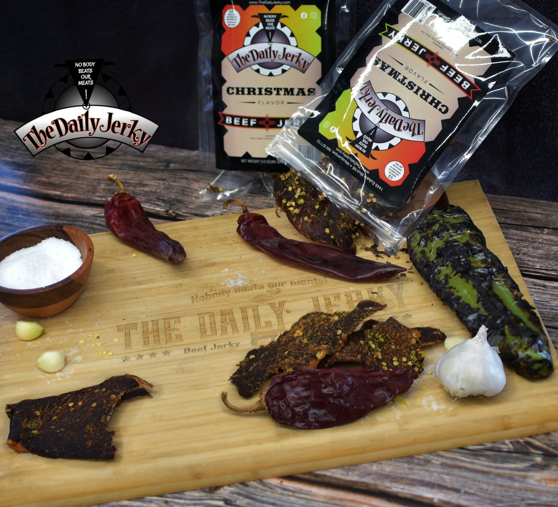 Christmas beef jerky from The Daily Jerky served on a wooden board 
