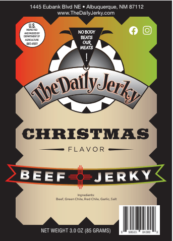 The Daily Jerky Christmas beef jerky package showing ingredients