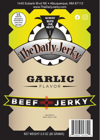 Back of The Daily Jerky garlic beef jerky bag showing ingredients 