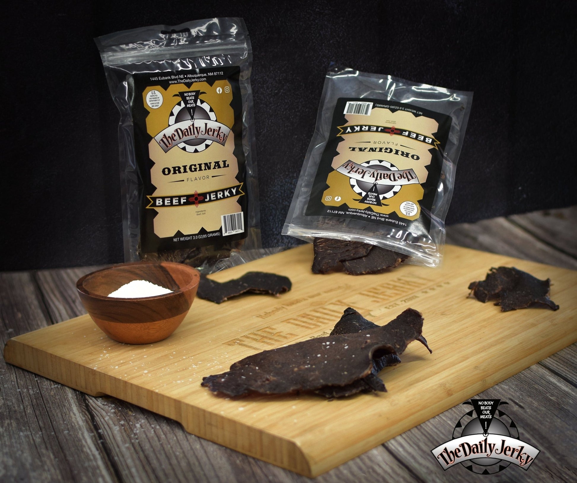 Multiple bags of The Daily Jerky original beef jerky displayed together