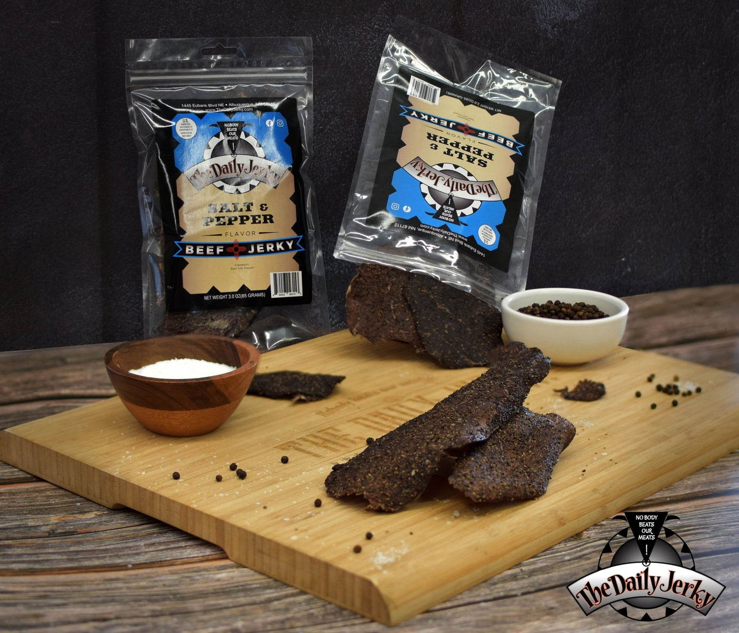 Salt and pepper beef jerky from The Daily Jerky in a simple classic seasoning bag