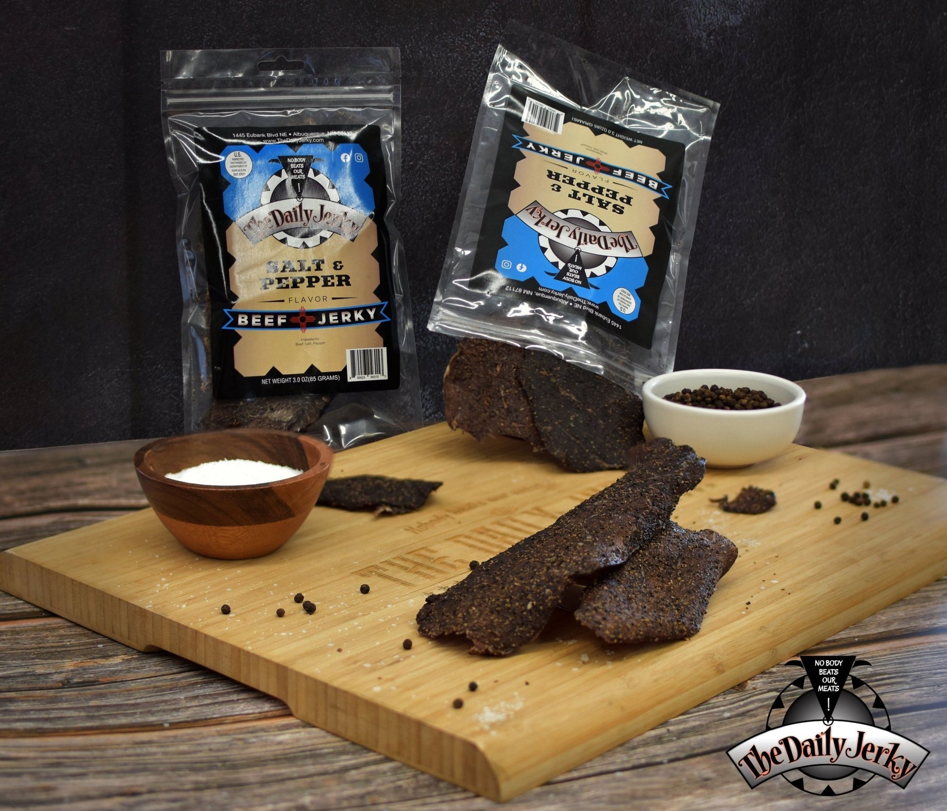 Salt and pepper beef jerky from The Daily Jerky in a simple classic seasoning bag